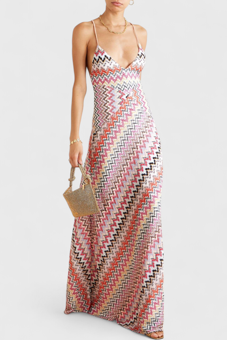 Italia | Vestido Largo Multicolor con Escote Profundo y Espalda Cruzada