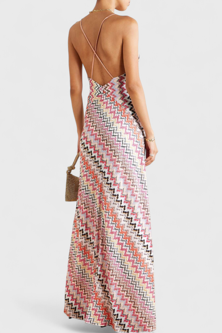 Italia | Vestido Largo Multicolor con Escote Profundo y Espalda Cruzada