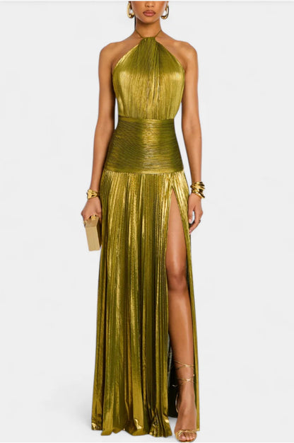 Marisa | Vestido Dorado con Abertura Lateral – Edición Limitada