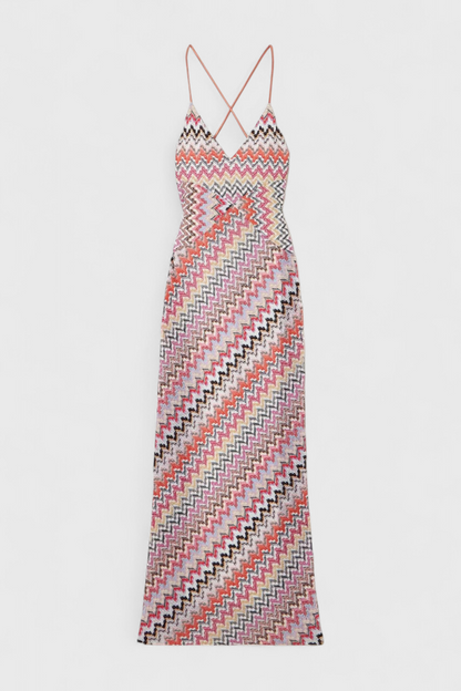 Italia | Vestido Largo Multicolor con Escote Profundo y Espalda Cruzada
